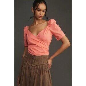By Anthropologie Puff-Sleeve Wrap Blouse Cropped Top V Neck Pink L NWT 280184